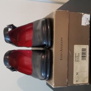 Enzo Angiolini women leather black baby doll shoes with ankle strap, block heel.